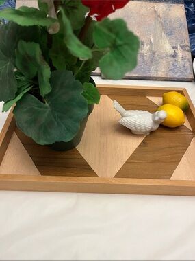 Geometric Wooden Serving Tray in Light and Dark Wood Tones